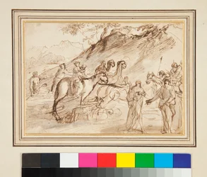 A Meeting between Two Men, Horses and Camels in the Background