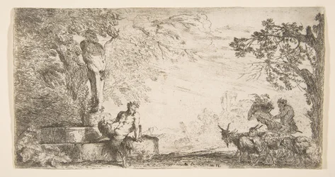 A Satyr Reclining at the Foot of a Statue of Priapus, Goats at the Right