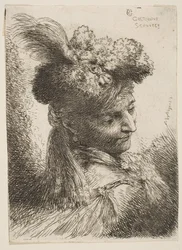 Young Man Facing Three Quarters Right Wearing a Fur Headdress with a Plume