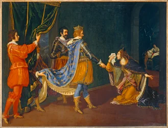 Isabelle of Aragon imploring Charles VIII in favor of her father, Alfonso, King of Naples, and her husband, Giovanni Galeazzo Sforza, Duke of Milan