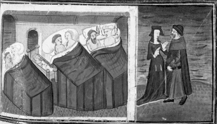 Decameron, Three couples sleep in a room; the innkeeper discusses with his wife. Ninth day, story 6