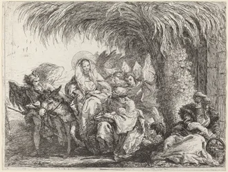 Joseph Kneels with the Child before Mary on the Donkey