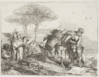 Mary, Helped by Two Angels, Follows Joseph with the Donkey (plate 25 from The Flight into Egypt)