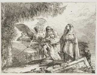 Mary and Joseph, Holding the Child, are Escorted by an Angel, plate twelve from The Flight into Egypt