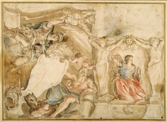 Allegorical decoration for one corner of a coved ceiling