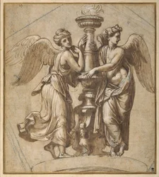 Victories embracing a candelabrum