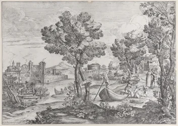 Landscape with a man holding a snake to a terrified child, watched by a fashionably dressed person, 1626-80