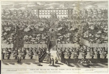 View of the Palace from the Garden Level with its Fountains, from La Fontane, pub. c 1691