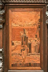 Genoa, Duomo (St Lawrence Cathedral), inside, apse, choir, North side: "The Baptist in the wilderness", wood intarsia by Giovanni Francesco Zambelli (XVI century)