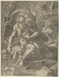 Diogenes Seated with His Barrel Behind Him, and Reading a Book While Holding a Stick