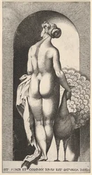 Plate 4: Juno standing in a niche, viewed from behind, stroking a peacock to her right, fr..., 1526.