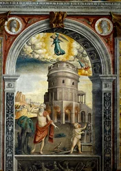 Sign of the Zodiac: The Virgin. Top medallions with portraits of Emperors Titus and Domitian. Below, legend associated with the birth of the constellation corresponding to the sign: a man drinking in front of the mausoleum of Theodoric in Ravenna