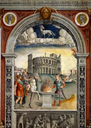 Sign of the Zodiac: The Ram. On top medallions with portraits of Julius Caesar and Augustus. Below, legend associated with the birth of the constellation corresponding to the sign: Caius Mucius Scaevola, introduced into the enemy camp of Etruscan king