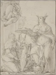 Allegory with Two Female Figures, One Representing Faith Holding a Coat of Arms