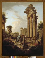 Landscape of Roman ruins with remains of a temple of Saturn or 