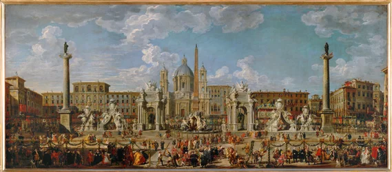 Preparations for the Fireworks and Decorations for the Festival on Piazza Navona in Rome, November 30