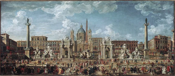 Preparations for the fireworks and decorations of the feast given in Rome celebrating the birth of the Louis de France dolphin