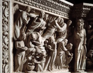 Detail of the Reliefs of the Chair by Giovanni Pisano: The Annunciation, the Visitation, and the Birth of John the Baptist (detail)