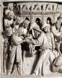 Detail of the reliefs of the Chair by Giovanni Pisano: the presentation of Jesus at the temple (Detail)