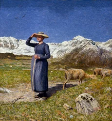 Midday in the Alps. A bergere protecting her eyes from the sun