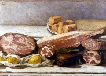The joy of color, still life of cold cuts. Painting by Giovanni Segantini (1858-1899). 1886. Milan, al. privee