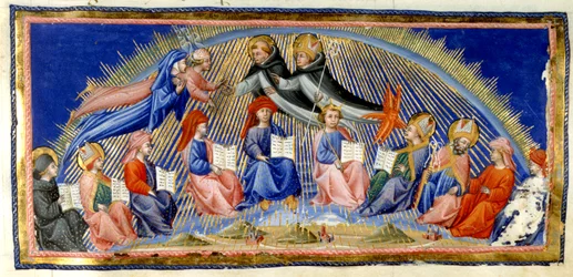 Paradiso, Canto X. Beatrice and Dante Hover Beside the Heaven of the Sun Meet Those Distinguished for Their Wisdom. They Are Greeted by St. Thomas Aquinas with Albertus Magnus. Seated Below Are Ten Representatives of Wisdom; Bede, St. Ambrose, Isidore of S