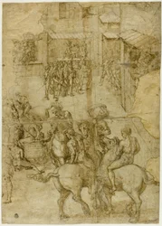 Mythological Pageant (recto); Illegible Inscriptions and Anatomical Studies of Head (verso)