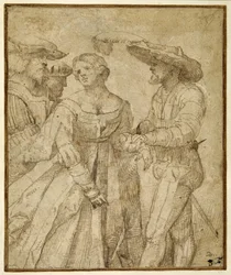 Scene of gallantry: four figures standing against a landscape background