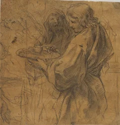 A Young Man with a Tray and Behind Him an Old Man with His Head Covered by a Drapery