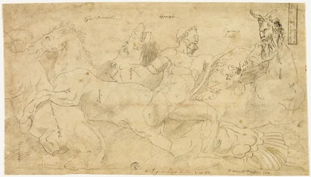 Ancient Relief with Hercules and the Mares of Diomedes (front); Two Sketches: Draped Satyr and Winged Female Figure (back)