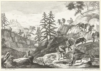 Mountain Landscape with Riders Leading Horses Downhill