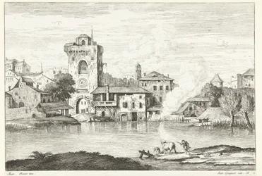 View of City with Tower by Water