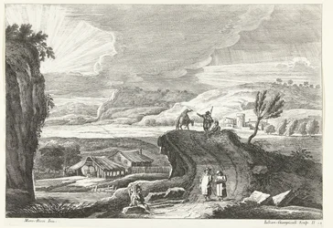 Hilly Landscape with Pilgrims on the Road and Setting Sun