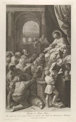 Saint Job seated at right receiving the gifts of the people