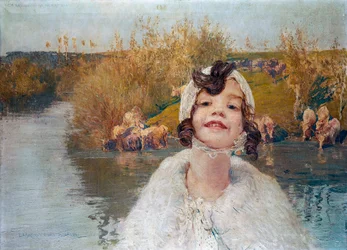Portrait of baby girl with countryside in background