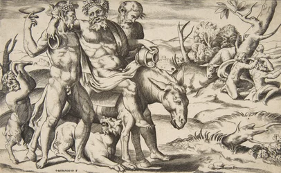 A drunken Silenus riding an ass being supported by satyrs