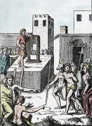Execution of a Death Sentence with the Ancestor of the Guillotine in Italy (engraving)