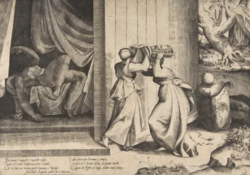 Judith passing the head of Holofernes to her maidservant, the decapitated Holofernes in the background