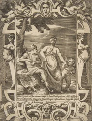 Jupiter at left in the form of a shepherd accompanied by Mnemosyne, set within an elaborate frame, 1531-76