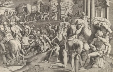 The Trojans hauling the wooden horse into Troy