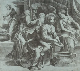 The Virgin Washing the Christ Child Accompanied by Figures and an Angel at Right