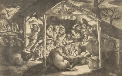 The adoration of the shepherds, various figures surrounding the Christ Child in the center