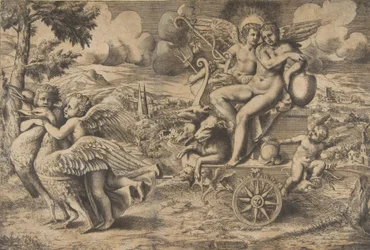 The triumph of Cupid and Psyche who are seated on a chariot drawn by two birds, ca. 1550-67