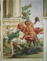 Nymph Corsica chased by Satyr that pulls away her wig