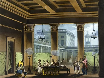 Triclinium lit with oil lamps in ancient Greece: banquet scene - in The Old and Modern Costume by Jules Ferrario, ed. Milan