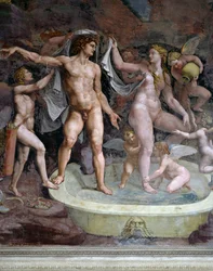 Bath of Mars and Venus, Fresco by Giulio Romano (1499-1546), North Wall of the Chamber of Cupid and Psyche, Palazzo Te, Mantua (UNESCO World Heritage List, 2008), Lombardy, Italy