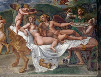 Cupid and Psyche with their daughter Voluptas lying on bed, detail from Wedding feast or Banquet of gods, fresco by Giulio Romano, Palazzo Te, Mantua, Lombardy, Italy