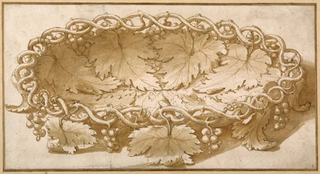 Design for an oval fruit bowl, with vine tendrils, leaves and grapes