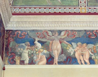 Frieze from the Camera con Fregio di Amorini, Chamber of the Cupid Frieze, detail of two cupids, one Black, playing with rabbits, 1520s