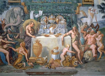 The noble banquet celebrating the marriage of Cupid and Psyche, detail showing Dionysus and Silenus to the right of a table bearing the dinner service, from the Sala di Amore e Psiche, 1528